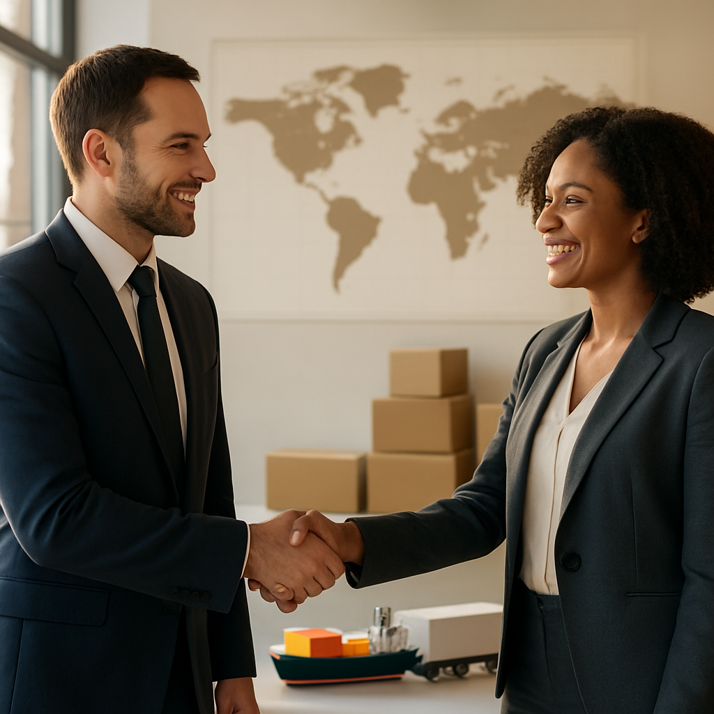Business professionals shaking hands on an international trade partnership