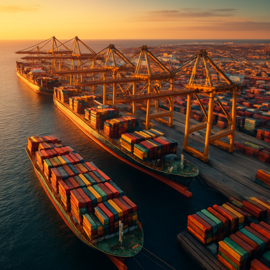 International shipping port with cargo containers at golden hour
